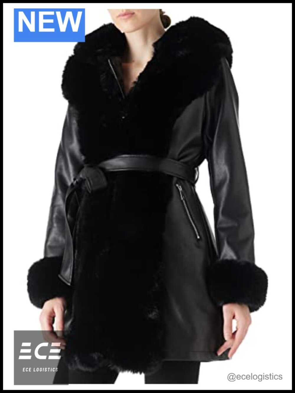 Women Faux Leather Fur Lined Winter Coat Hooded Belted Overcoat